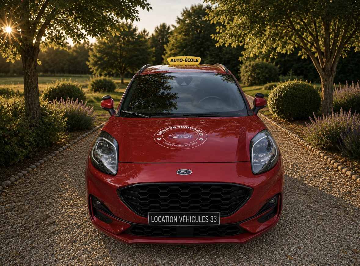 Véhicule auto-école Ford rouge vu de face