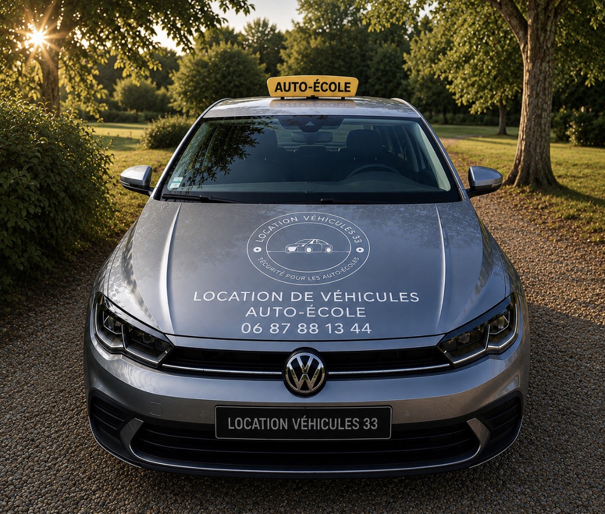 Véhicule auto-école Volkswagen vu de face